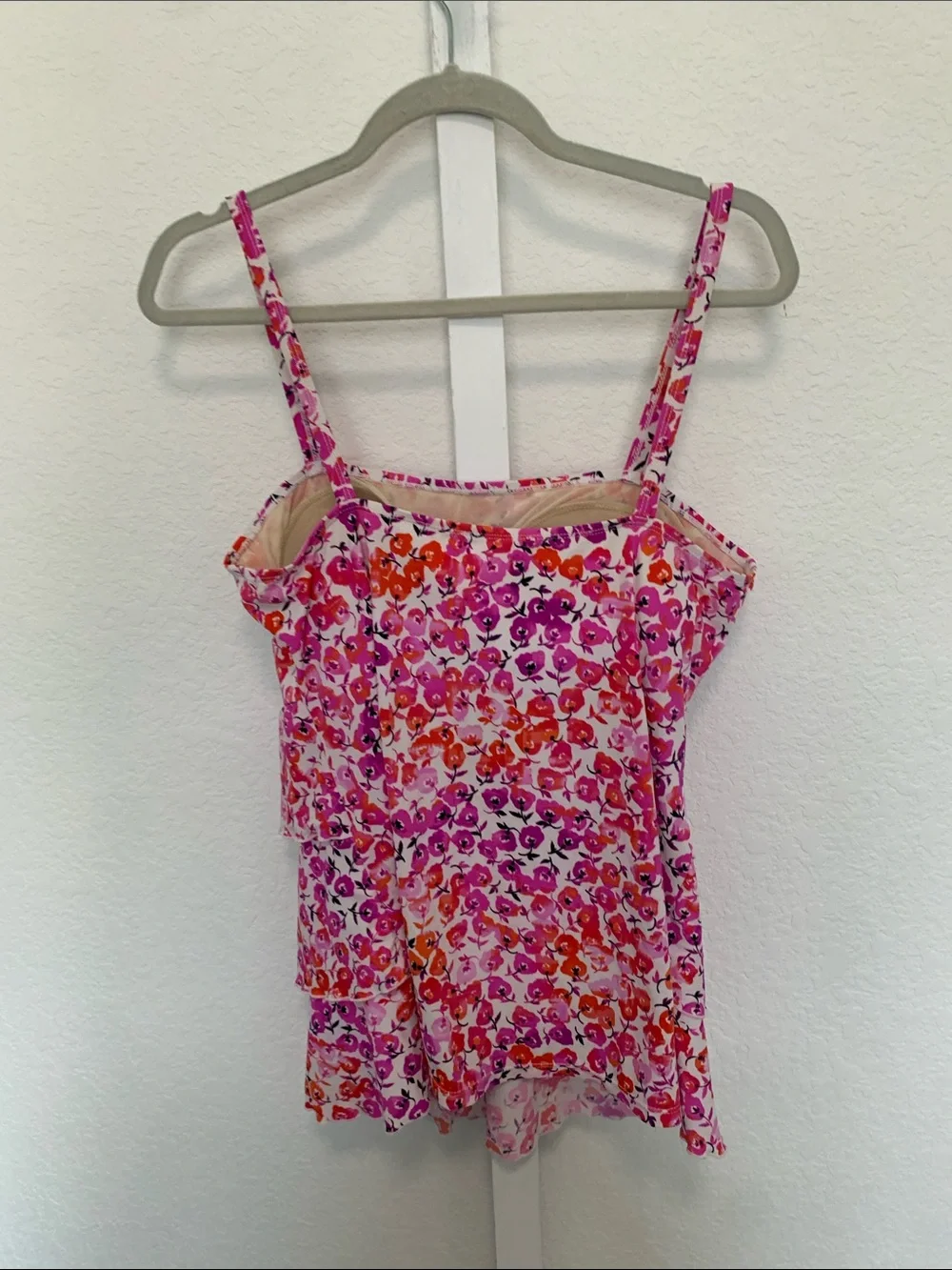 Lane Bryant Floral Pink Tiered Spaghetti-Strap Tankini Swim Top